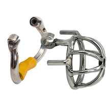Load image into Gallery viewer, Ergonomic Stainless Steel Stealth Lock Male Chastity Cage – locking components and key details, gallery view 3