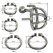Load image into Gallery viewer, Ergonomic Stainless Steel Stealth Lock Male Chastity Cage – locking components and key details, gallery view 4
